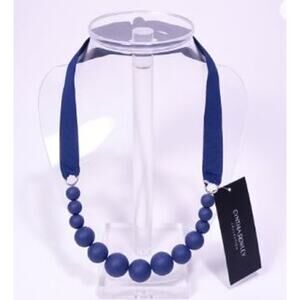 Cynthia Rowley Women's navy Blue Wood Ball ribbon Tie Necklace NWT 398